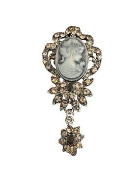 Aratta Gray Cameo Brooch With Rhinestones & Dangling Floral Accent 2.5"